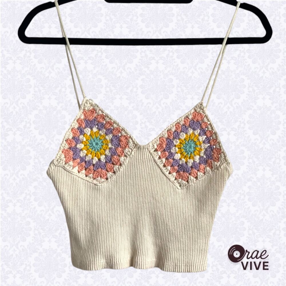 Zara Womens Medium Ivory Cotton Ribbed Knit Crochet Granny Square Crop [🌿]